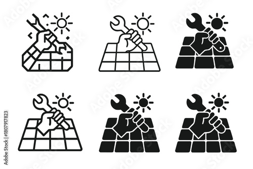Solar Roofing Icons. Solar roofing systems. Icon set. Set Logo of solar roofing systems: installer hand with wrench over panel. harmonious logo variations of