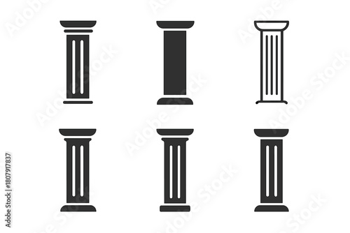 Stylized Column Logos. Slim columns. Icon set. Set Logo of slim columns: tall structure silhouette. harmonious logo variations of the same emblematic concept,