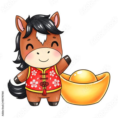 Kawaii brown horse in a red floral festive vest standing next to a large gold ingot, cheerful Lunar New Year clipart on transparent background