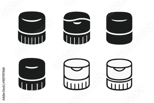 Shampoo Cap Logo Designs. Shampoo bottle cap. Icon set. Set Logo of shampoo bottle cap: snap-on cap with tamper-evident band. harmonious logo variations of the