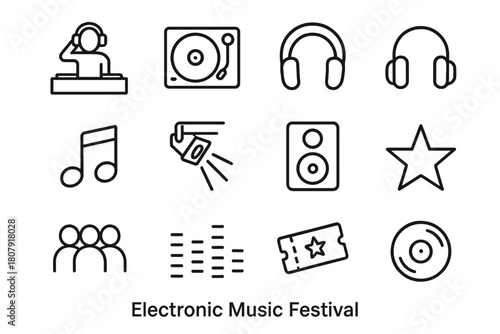 Electronic Music Icons. Electronic Music Festival. Line icon set of Electronic Music Festival: DJ booth, turntable, headphones, music note, light beam,