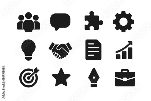 Creative Collaboration Icons. Creative collaboration. Solid icon set of creative collaboration: people group, chat bubble, puzzle piece, gear, lightbulb, hand