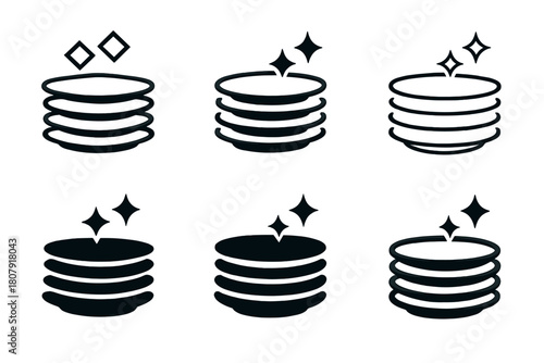 Stacked Plates Icons. Stacking clean plates. Icon set. Set Logo of stacking clean plates: tidy kitchen counter. harmonious logo variations of the