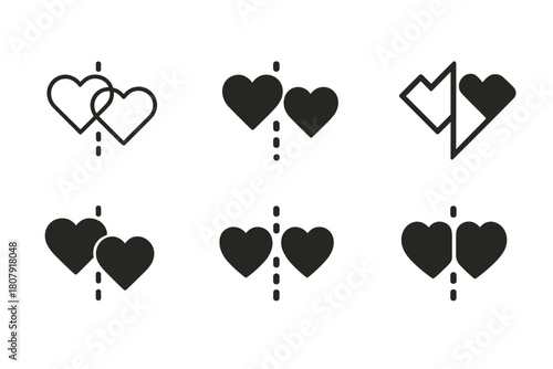 Hearts Separated Icons. Distance in relationship. Icon set. Set Logo of distance in relationship: two hearts separated by a dotted line. harmonious logo