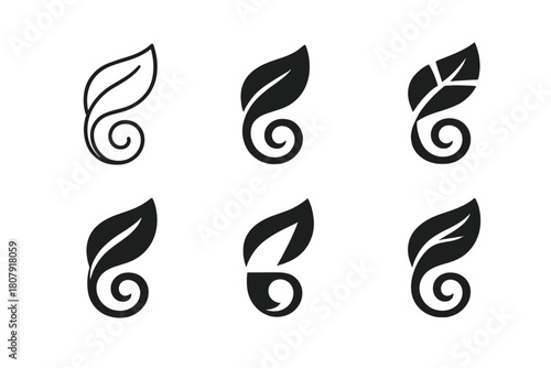 Nature's Creative Logos. The power of nature to inspire creativity and calmness. Icon set. Set Logo of nature?s power: flowing leaf merging with artistic