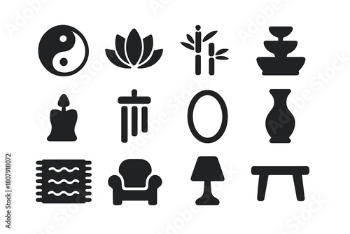 Interior Harmony Icons. Interior harmony. Solid icon set of Interior harmony: yin yang, lotus flower, bamboo plant, water fountain, candle, wind chime, mirror,