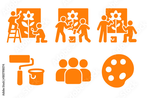 Community Mural Collaboration. A group of artists working together on a large community mural project. Icon set. Set Logo of Paint Palette: Color mixing. Flat