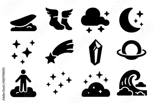 Fantasy Cloud Icons. Fantasy Cloud Surfing. Solid icon set of Fantasy Cloud Surfing: magic board, winged boots, glowing cloud, moon, stars, comet tail, crystal