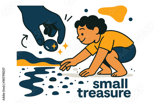 Pebble Beach Treasure. Pebble ? Beach Discovery. Child?s hand picks up a shiny stone from the wet sand; gentle sparkle icons mark the find. Caption ?small