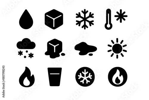 Liquid to Solid Icons. Liquid to solid. Solid icon set of Liquid to solid: water droplet, ice cube, snowflake, thermometer, snow, melting ice, puddle, sun,