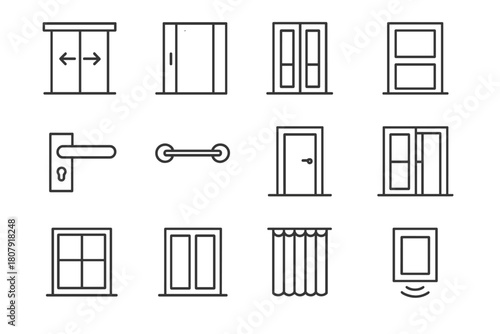 Modern Door Icons. Interior design doors. Line icon set of interior design doors: sliding door, pocket door, glass panel, wooden frame, handle, rail, lock,