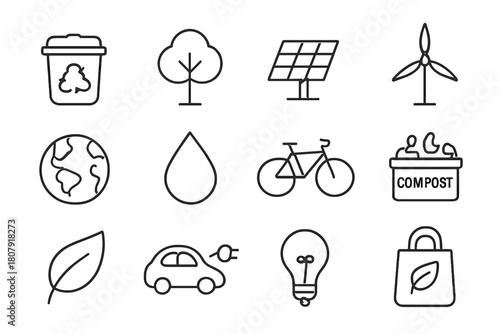 Environmental Icons Grid. Environmental responsibility. Solid icon set of Environmental responsibility: tree, recycling symbol, solar panel, wind turbine,