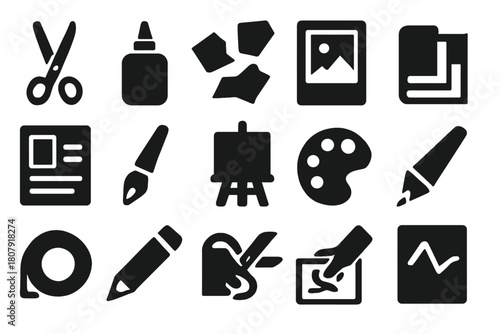 Art Supplies Icons. Collage. Solid icon set of Collage: scissors, glue bottle, paper scraps, photo frame, magazine cutout, paintbrush, art board, color