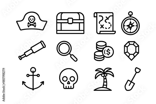 Pirate Icon Collection. Pirate adventure. Line icon set of pirate adventure: pirate hat, treasure chest, map, compass, telescope, magnifying glass, gold coins,