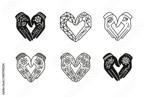 Henna Art Logos. Henna art. Icon set. Set Logo of henna art: bridal mehndi wrists touching to form a heart. harmonious logo variations of the same emblematic