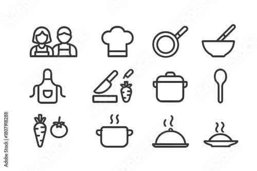 Cooking Duo Icons. Special occasion cooking duo. Line icon set of Special occasion cooking duo: two people, apron, chef hat, frying pan, mixing bowl, spatula,