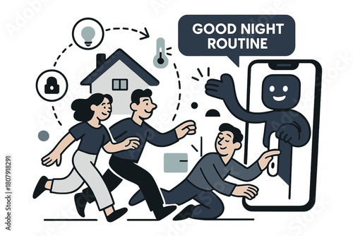 Smart Home Harmony. AI Assistants ? Smart Home Steward. The assistant orchestrates lights, thermostat, and locks; dotted signals flow house-wide. Tag ?good