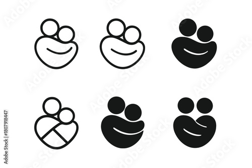 Warm Embrace Logos. Warm hug. Icon set. Set Logo of Warm Hug: two human figures embracing. harmonious logo variations of the same emblematic concept, each with