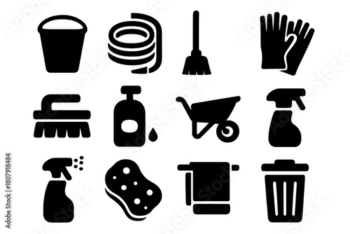 Outdoor Cleaning Icons. Outdoor cleaning. Solid icon set of outdoor cleaning: bucket, hose, broom, gloves, brush, soap bottle, wheelbarrow, watering can,