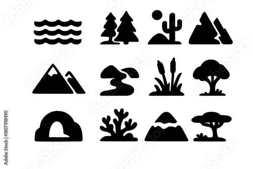 Diverse Habitat Icons. Habitats. Solid icon set of Habitats: ocean, forest, desert, mountain, river, wetland, cave, coral reef, rainforest, grassland, tundra,