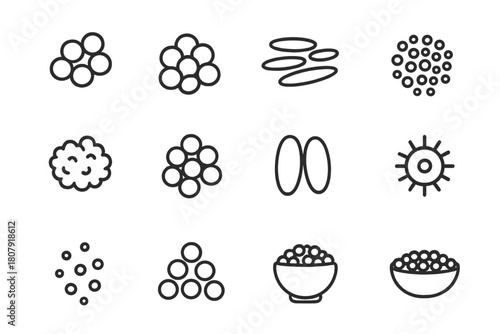Fish Roe Icons. Fish roe. Line icon set of fish roe: salmon roe, trout roe, flying fish roe, sturgeon caviar, lumpfish roe, cod roe, herring roe, sea urchin