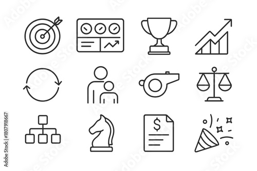 Leadership Icon Set. Leadership. Solid icon set of leadership: leader figure, podium, flag, lightbulb, people group, star, upward arrow, gears, plan board,
