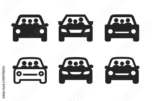 Family Car Logos. Family car trip. Icon set. Set Logo of family car trip: car front view. harmonious logo variations of the same emblematic concept, each with