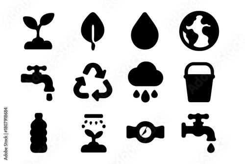 Eco-Friendly Icon Set. Eco-friendly practices. Solid icon set of Eco-friendly practices: plant, leaf, water droplet, globe, faucet, recycling symbol, rain
