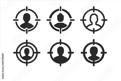 Influencer Campaign Logos. Influencer campaigns targeting niche markets. Icon set. Set Logo of Influencer Campaigns: influencer icon connected to segmented