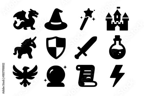 Fantasy Icon Collection. Modern Fantasy & Mythology. Solid icon set of Modern Fantasy & Mythology: dragon, wizard hat, magic wand, castle, unicorn, shield,