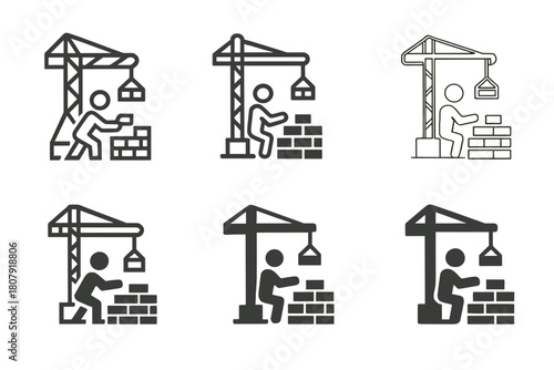 Bricklayer Logo Variations. Bricklayers constructing buildings. Icon set. Set Logo of Bricklayers constructing buildings: Crane lifting bricks. harmonious logo