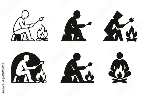 Campfire Logo Variations. A person sitting by a campfire in the woods, roasting marshmallows and telling stories. Icon set. Set Logo of A person sitting by a