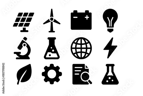 Renewable Energy Icons. Renewable energy research. Solid icon set of Renewable energy research: solar panel, wind turbine, battery, lightbulb, microscope, test