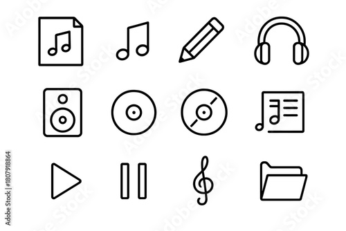 Music Sheet Icons. Music sheet organization. Line icon set of Music sheet organization: sheet of paper, music note, pencil, headphones, speaker, record, CD,