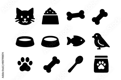 Pet Feeding Icons. Feeding routine. Solid icon set of Feeding routine: cat, dog, kibble, bone, food bowl, water bowl, fish, bird, treat, paw print, spoon, pet