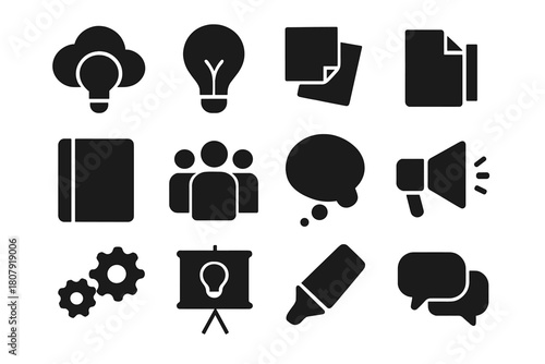 Idea Generation Icons. Idea Generation. Solid icon set of Idea Generation: idea cloud, light bulb, sticky notes, pencil, notebook, people collaboration,
