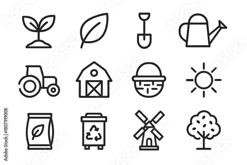 Organic Farming Icons. Organic farming. Line icon set of organic farming: plant sprout, leaf, shovel, watering can, tractor, barn, basket, sun, seed bag,