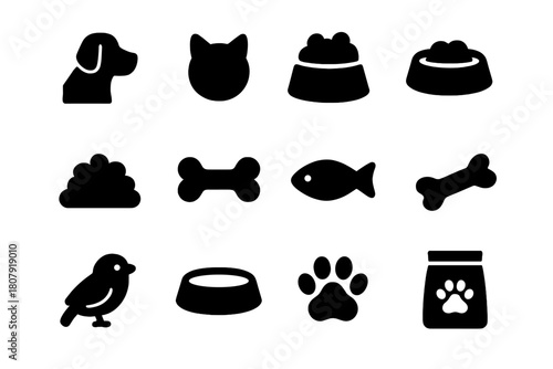 Pet Feeding Icons. Feeding routine. Solid icon set of Feeding routine: cat, dog, kibble, bone, food bowl, water bowl, fish, bird, treat, paw print, spoon, pet
