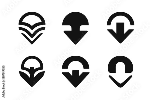 Deep Exploration Logos. Deep. Icon set. Set Logo of deep: downward arrow symbolizing exploration below surface. harmonious logo variations of the