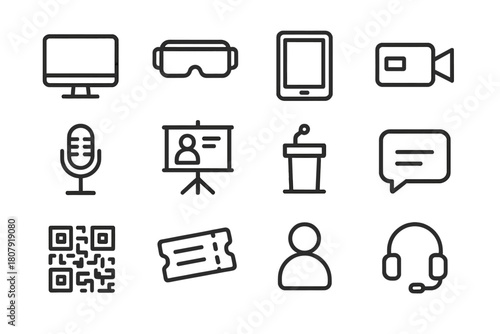 Online Exhibition Icons. Online exhibition. Line icon set of Online exhibition: computer monitor, VR headset, tablet, video camera, microphone, presentation