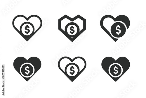 Family Budgeting Logos. Family budgeting. Icon set. Set Logo of family budgeting: heart-shaped coin combining love and savings. harmonious logo variations of