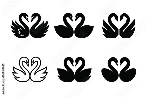 Swan Logos Collection. Swans. Icon set. Set Logo of swans: pair of swans forming a heart shape with their necks. harmonious logo variations of the same