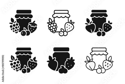 Homemade Jam Logos. Making your own homemade jam. Icon set. Set Logo of Homemade Jam: glass jar filled with jam and a fruit label. harmonious logo variations