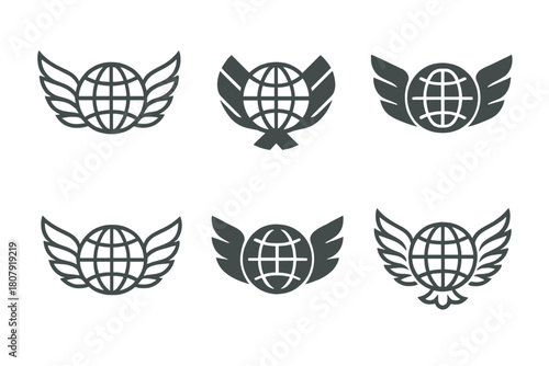 Migrant Rights Icons. Migrant rights. Icon set. Set Logo of Migrant Rights: abstract figure carrying a suitcase within a circle. harmonious logo variations of