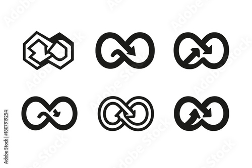 Recycled Metal Logos. Recycled metal jewelry. Set Logo of Recycled metal jewelry: infinity loop ring. harmonious logo variations of the same emblematic