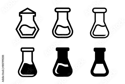 Substance Vial Icons. Substances. Icon set. Set Logo of Substances: Liquid vial. harmonious logo variations of the same emblematic concept, each with different