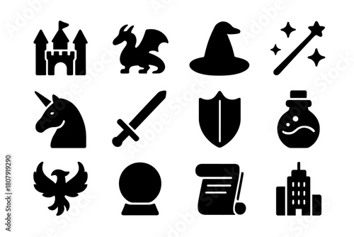 Urban Fantasy Icons. Urban Fantasy. Solid icon set of Urban Fantasy: castle, dragon, wizard hat, magic wand, unicorn, sword, shield, potion bottle, phoenix,