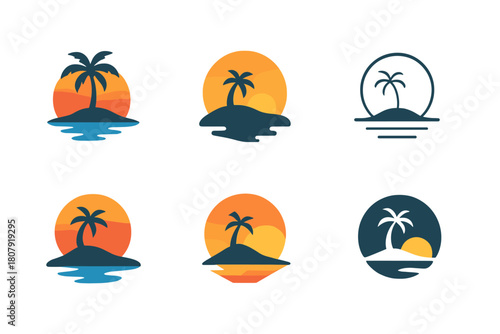 Island Logo Variations. Island. Icon set. Set Logo of Island: small island with sunset horizon. harmonious logo variations of the same emblematic concept, each