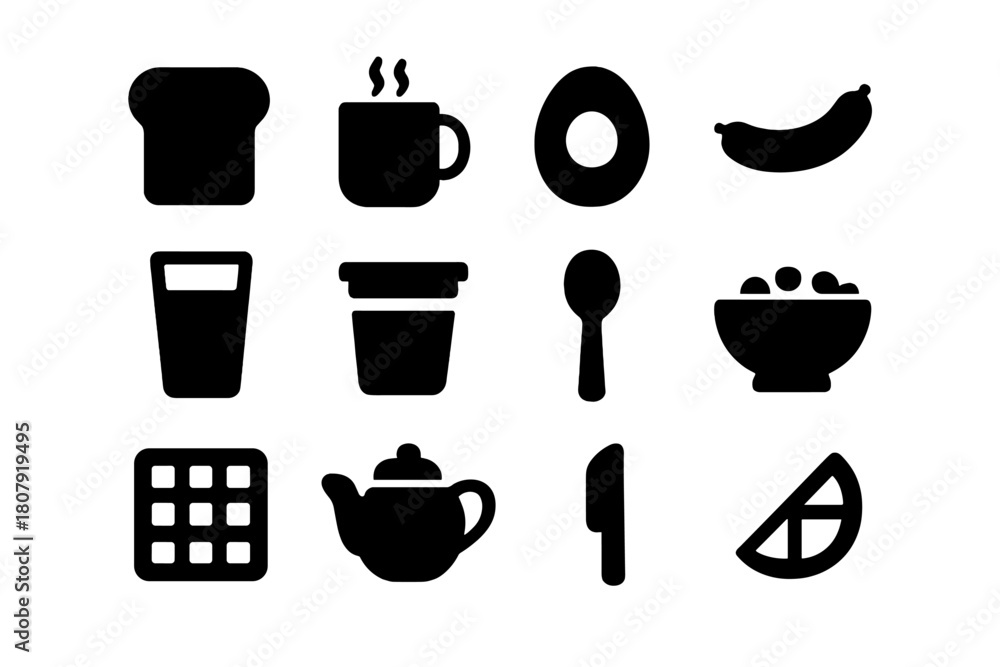Fototapeta premium Morning Meal Icons. Morning meal. Solid icon set of morning meal: toast, coffee mug, egg, sausage, juice glass, yogurt cup, spoon, cereal bowl, waffle, teapot,