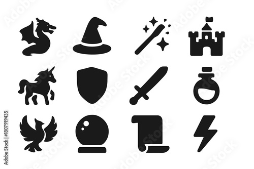 Fantasy Icon Collection. Modern Fantasy & Mythology. Solid icon set of Modern Fantasy & Mythology: dragon, wizard hat, magic wand, castle, unicorn, shield,